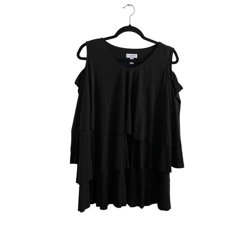 Susan Graver Women 1X Black Liquid Knit 3/4 Sleeves Cold Shoulder Tiered Top